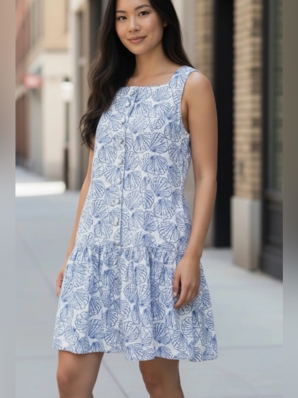 WAYF Sun Dress Coastal Beach Shell Vacation Women Sz S Linen Blend Blue White